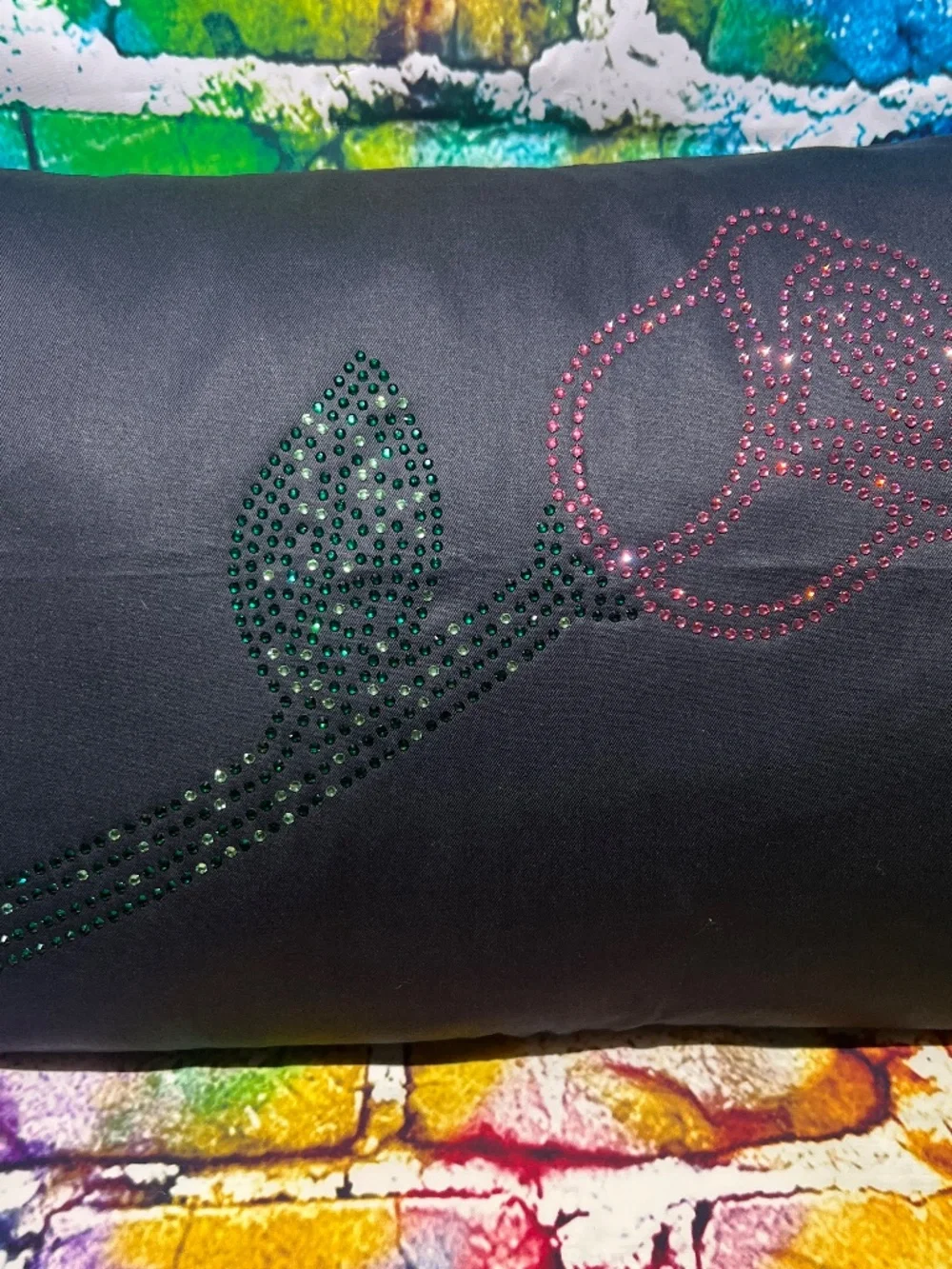 Black Decorative Pillow with Rhinestone Rose Accent [41R]